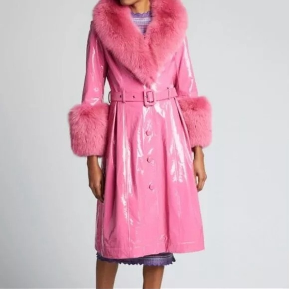 Saks Potts Pink Patent Lamb Leather Coat w/Fox Collar & Cuffs, Size 2/M - Picture 6 of 9